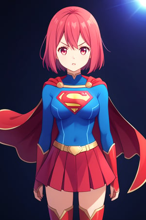 Hisako Arato, with her composed demeanor and auburn hair tied neatly in a ponytail, takes on a powerful new look in the classic Supergirl costume. The vibrant blue top, featuring the bold red and yellow 'S' emblem on her chest, perfectly contrasts her usual calm and collected appearance, symbolizing the strength she possesses beneath her reserved exterior. A flowing red cape cascades behind her, adding a heroic flair to her poised stance. The outfit is completed with a red skirt and matching knee-high boots, highlighting her agile and refined figure. Hisako’s focused and serious expression, now mixed with the confident aura of Supergirl, transforms her into a symbol of quiet strength and protection. This blend of her medical expertise and the superhero's power makes Hisako look both graceful and ready to stand up for what’s right.