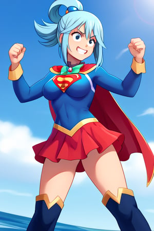 Aqua, with her playful and often mischievous demeanor, brings a unique and humorous charm to the classic Supergirl costume. The iconic blue top, emblazoned with the bright red and yellow 'S' emblem, is fitting against her water-themed color palette and complements her flowing blue hair. Her hair, pulled up in its usual high ponytail with a teal ribbon, gives her a lighthearted and whimsical look. The red cape flows behind her in dramatic fashion, adding to her usually exaggerated expressions and gestures. The red skirt and red knee-high boots round out the outfit, creating an interesting contrast with her usual divine but clumsy style.

With her trademark confident grin—perhaps a bit overconfident—Aqua steps into the Supergirl role with a humorous twist, blending her goddess bravado with the superhero’s iconic strength. Her natural charisma and quirks make her a playful Supergirl, ready to dive into challenges (or create them) with her spirited enthusiasm. In this costume, Aqua brings her own unpredictable flair, offering a comical but spirited take on heroism that’s sure to keep things entertaining.,supergirl,aqua