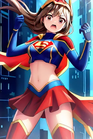 IPMasquerena, known for her edgy, cybernetic design and rebellious nature, takes on a unique look in the classic Supergirl costume. The vibrant blue top, featuring the bold red and yellow 'S' emblem, contrasts with her mechanical elements, creating a striking blend of futuristic style and classic heroism. Her distinct helmet and cybernetic accessories are complemented by the flowing red cape, which adds a dynamic touch to her usually sleek and tactical appearance. The red skirt and red knee-high boots complete the costume, merging her edgy look with Supergirl’s iconic outfit. She has brown hair.

With her signature cool and confident expression, IPMasquerena embraces the strength and courage that come with the Supergirl identity. The costume enhances her already formidable presence, blending her high-tech vibe with the empowering essence of a superhero. In this transformation, she embodies a perfect mix of futuristic toughness and classic heroism, ready to take on any challenge with her strategic mind and unwavering bravery.,I:P Masquerena