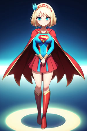 Cayna, with her powerful yet whimsical personality, looks both regal and heroic in the classic Supergirl costume. Her short blonde hair flows gracefully down her back, standing out against the vibrant blue top with the iconic red and yellow 'S' emblem emblazoned on her chest. A flowing red cape trails behind her, adding a sense of grandeur and movement to her already imposing presence. The outfit is completed with a red skirt and matching knee-high boots, enhancing her strong and agile figure honed through her magical abilities.

Cayna’s confident yet playful expression, combined with the heroic aura of Supergirl, reflects her status as a powerful mage in the virtual world of Leadale. Her blend of power and warmth makes her a fitting embodiment of Supergirl, radiating both strength and compassion, ready to protect and inspire those around her.