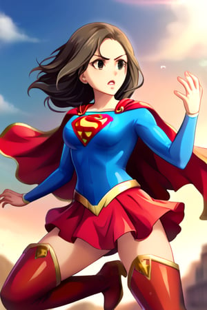 Seira Mizuki, with her cool and elegant demeanor, exudes both grace and strength in the classic Supergirl costume. The bright blue top, featuring the iconic red and yellow 'S' emblem, contrasts beautifully with her long, flowing dark hair. The red cape billows behind her, adding a dramatic and heroic flair as it catches the wind, perfectly complementing her poised and confident stance. The red skirt and red knee-high boots finish the look, accentuating her tall and slender figure, giving her an air of both power and elegance.
Seira’s composed and determined expression perfectly captures the essence of a superhero, blending her natural elegance with the fierce determination of Supergirl. Her transformation into this heroic role highlights her balance of strength and beauty, making her the ideal embodiment of courage and grace, ready to face any challenge with confidence and inspire those around her.
