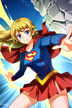 Fumina Hoshino, with her athletic build and passionate spirit, brings a lively and strong energy to the classic Supergirl costume. The bright blue top, featuring the iconic red and yellow 'S' emblem, complements her confident stance and energetic personality. Her blonde hair, tied up in her signature ponytail, adds a practical yet spirited touch, while the red cape flows behind her, accentuating her action-ready pose. The red skirt and matching knee-high boots complete her look, highlighting her athletic frame and dynamic style. With her usual enthusiastic smile and determined eyes, Fumina embodies the essence of Supergirl with a unique twist. Her transformation amplifies her natural courage and resilience, blending her love for competition with the heroism of the Supergirl persona. In this costume, Fumina looks ready to face any challenge head-on, inspiring those around her with her boundless energy, strength, and unwavering resolve.