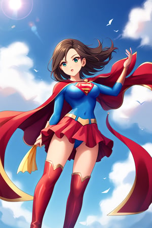 Seira Mizuki, with her cool and elegant demeanor, exudes both grace and strength in the classic Supergirl costume. The bright blue top, featuring the iconic red and yellow 'S' emblem, contrasts beautifully with her long, flowing dark hair. The red cape billows behind her, adding a dramatic and heroic flair as it catches the wind, perfectly complementing her poised and confident stance. The red skirt and knee-high boots finish the look, accentuating her tall and slender figure, giving her an air of both power and elegance.

Seira’s composed and determined expression perfectly captures the essence of a superhero, blending her natural elegance with the fierce determination of Supergirl. Her transformation into this heroic role highlights her balance of strength and beauty, making her the ideal embodiment of courage and grace, ready to face any challenge with confidence and inspire those around her.