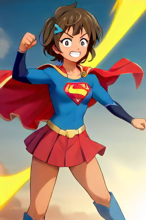 Ren Kazamatsuri, with her athletic and energetic personality, brings a vibrant energy to the classic Supergirl costume. The bold blue top, featuring the red and yellow 'S' emblem, enhances her natural strength and agility. A flowing red cape billows behind her, adding a dynamic flair to her sporty demeanor. The red skirt and knee-high boots complete the look, emphasizing her active and athletic frame, making her appear ready to leap into action at any moment.

Her usual playful and determined expression blends effortlessly with the heroic essence of Supergirl, showing her readiness to fight for justice with a confident grin. This transformation into Supergirl enhances her natural charisma and bravery, making her the perfect embodiment of a young heroine full of energy and optimism, ready to protect those in need while charging forward with her unstoppable spirit.,supergirl,Ren Kazamatsuri, brown hair, hair ornament, dark skinned 