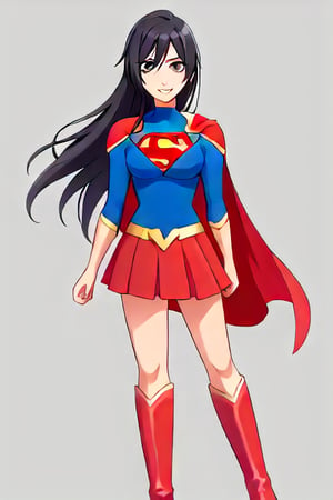 Shirase Sakuya, known for her graceful and mature elegance, brings a sophisticated allure to the classic Supergirl costume. The bright blue top with the iconic red and yellow 'S' emblem highlights her confident posture and commanding presence, perfectly fitting her tall and graceful frame. Her long, flowing dark hair cascades over her shoulders, adding a touch of elegance that flows naturally with the red cape billowing behind her. The red skirt and red knee-high boots complete the look, giving her a balanced mix of femininity and strength.

Sakuya’s poised smile and calm expression bring a sense of assurance and composure to the Supergirl persona, showcasing her natural leadership qualities and resilience. Her transformation captures the essence of a heroine who possesses both beauty and power, ready to protect and inspire with quiet confidence. As Supergirl, Sakuya combines charm and strength seamlessly, embodying a powerful figure who stands ready to face challenges with both grace and resolve.