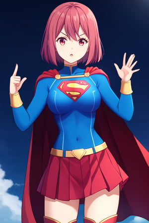 Hisako Arato, with her composed demeanor and auburn hair tied neatly in a ponytail, takes on a powerful new look in the classic Supergirl costume. The vibrant blue top, featuring the bold red and yellow 'S' emblem on her chest, perfectly contrasts her usual calm and collected appearance, symbolizing the strength she possesses beneath her reserved exterior. A flowing red cape cascades behind her, adding a heroic flair to her poised stance. The outfit is completed with a red skirt and matching knee-high boots, highlighting her agile and refined figure. Hisako’s focused and serious expression, now mixed with the confident aura of Supergirl, transforms her into a symbol of quiet strength and protection. This blend of her medical expertise and the superhero's power makes Hisako look both graceful and ready to stand up for what’s right.