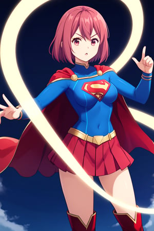 Hisako Arato, with her composed demeanor and auburn hair tied neatly in a ponytail, takes on a powerful new look in the classic Supergirl costume. The vibrant blue top, featuring the bold red and yellow 'S' emblem on her chest, perfectly contrasts her usual calm and collected appearance, symbolizing the strength she possesses beneath her reserved exterior. A flowing red cape cascades behind her, adding a heroic flair to her poised stance. The outfit is completed with a red skirt and matching knee-high boots, highlighting her agile and refined figure. Hisako’s focused and serious expression, now mixed with the confident aura of Supergirl, transforms her into a symbol of quiet strength and protection. This blend of her medical expertise and the superhero's power makes Hisako look both graceful and ready to stand up for what’s right.