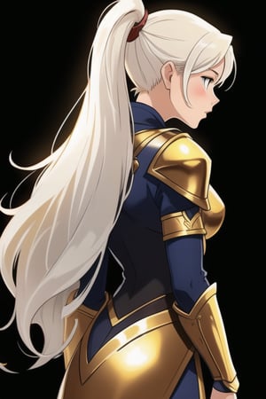 generate an average woman with tall white warm golden hair wearing a sexy well fit warrior armour in front, side and back view in dark background