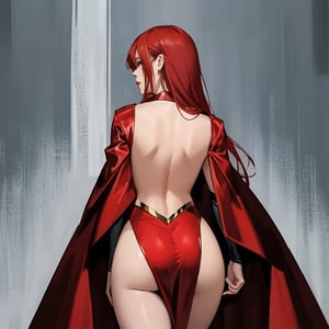 a tall red hair female superhero in sexy custom image in front view back view and backview