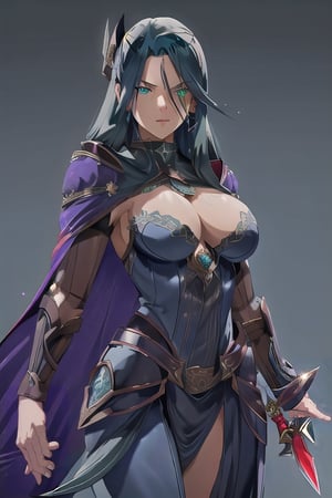 a ba 20 year old girl with deep green eyes, dark blue hair, with two jet dark daggers with purple blades and a cold and calculating gaze. perfect anatomy, anatomically correct hands, detailed hair, delicate hair expression, detailed eyes, beautiful face, beautiful eyes, full view,CREED,Detailedface