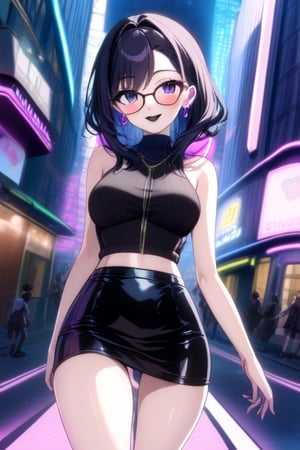 city,cyberpunk,(streetscape:1.1),(neons:1.2),ray tracing,street,night view, 1girl, black long hair, short skirt,  looking at viewer, black lips, thigh up body, earings, blush, outline, 2D manga artstyle, smile, Glasses
,  pisces, catwalk,Anitoon2,Black