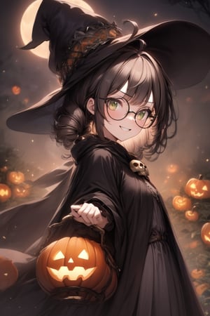 1girl, solo, (gray hair), green eyes, ahoge, (low-pigtail hairs:1.2), (black round frame glasses:1.2), (Witch hat), (Witch cloak), Witch dress, (cute pose), cobweb, (skull), pumpkin lantern, moon, blush, (In the forest at night), (eyes highlight), standing, ((upper body)), very beautiful girl, crazy smiling, slightly angry, himecut hairstyle, masterpiece quality, stunning image, masterpiece, 8K, stunning image, light particles, attractive image, reflections,  \medium\,Beautiful eyes,