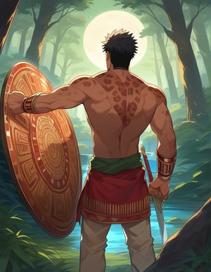 masterpiece, 8k, a jaguar gerrero, a man, long black hair, dark, muscular tees, with a jaguar skin covering his head and back, slim but muscular, a wooden shield and a macahuitl sword in the other hand (Aztec sword) lurking from the shadows, under the light of the moon in the forest, looking at viwer