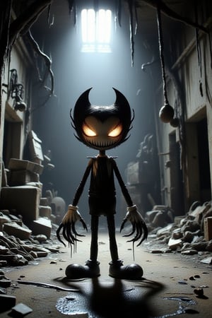 A dimly lit, abandoned cartoon studio, once filled with vibrant colors and laughter, now stands as a haunting monument to forgotten dreams. Among the dusty rubble, a twisted, ink-covered version of Bendy emerges from the shadows, his disproportionate limbs resembling grasping tentacles, his white bow-like gloves now stained by a dark liquid. The boy's face, a grotesque parody of innocence, twists into a malevolent smile as he stands in the dark corners, a monstrous guardian of the secrets of forgotten study.