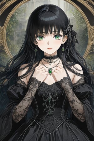 illustration, ink outline, fine detail rendered, color, A beautiful girl in her twenties in a gothic type costume with very long black hair, green eyes with a choker looking at the  is looking at viewer crafted ornaments, detailed background, fantastic, mysterious, perfect composition, , (masterpiece:1.2), ((best quality, 8k, ultra-detailed, very clear)), perfect anatomy, anatomically correct hands, detailed hair, delicate hair expression, detailed eyes, beautiful face, beautiful eyes, extremely stylish, The most fashionable,