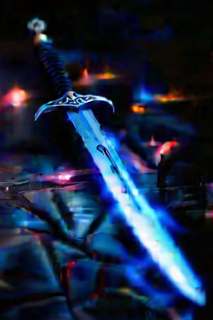 black sword with blue edges, 1.20 cm long, fist and a half hilt, Brisinguir engraved on the blade, surrounded by a blue flame, nailed to the floor.

