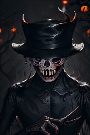 ink demon, bloody teeth, sharp claws, terror, tall, dripping ink, killer, whit a sing that says Halloween 2024, he is wearring a mexican hat and a mustach, the hat its very color full

