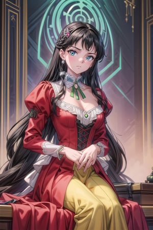 illustration, ink outline, fine detail rendered, color, A beautiful girl in her twenties in a gothic type costume with very long black hair, green eyes with a choker looking at the  is looking at viewer crafted ornaments, detailed background, fantastic, mysterious, perfect composition, , (masterpiece:1.2), ((best quality, 8k, ultra-detailed, very clear)), perfect anatomy, anatomically correct hands, detailed hair, delicate hair expression, detailed eyes, beautiful face, beautiful eyes, extremely stylish, The most fashionable,