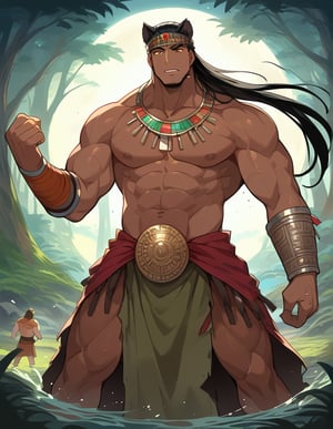 masterpiece, 8k, a jaguar gerrero, a man, long black hair, dark, muscular tees, with a jaguar skin covering his head and back, a wooden shield and a macahuitl in the other (Aztec sword) lurking from the shadows, under the light of the moon in the forest, looking at viwer