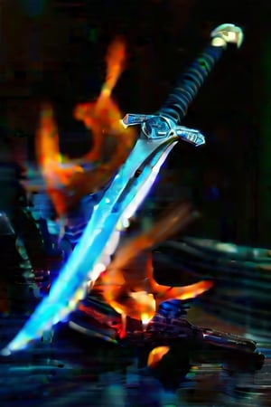 black sword with blue edges, 1.20 cm long, fist and a half hilt, Brisinguir engraved on the blade, surrounded by a blue flame, nailed to the floor.

