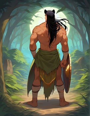 masterpiece, 8k, a jaguar gerrero, a man, long black hair, dark, muscular tees, with a jaguar skin covering his head and back, a wooden shield and a macahuitl in the other (Aztec sword) lurking from the shadows, under the light of the moon in the forest, looking at viwer