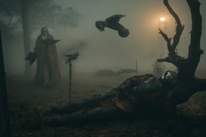 High quality, perfect composition

In a misty, moonlit clearing, a fallen warrior lies propped against a twisted tree, black and red armor gleaming dully. Ravens gather around as a ghostly figure with hollow eyes watches, half-hidden in the shadows. in the foreground: a tombstone, partly out of frame.

Mythical, eerie creatures, and medieval, dark fantasy worlds.

Warm colours, The picture shows an anti hero, he is an undead skeleton and very aesthetic

Style: Dark fantasy with gothic visuals, marked by rich, deep colors and highly detailed characters,
in the style of Gerald Brom