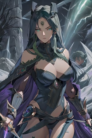 a ba 20 year old girl with deep green eyes, dark blue hair, with two jet dark daggers with purple blades and a cold and calculating gaze. perfect anatomy, anatomically correct hands, detailed hair, delicate hair expression, detailed eyes, beautiful face, beautiful eyes, full view,CREED,Detailedface