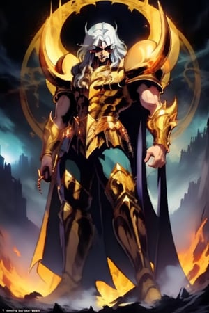 A majestic scene unfolds: a tall angry man  with sharp eyes burn with wrathful intensity, as he wears a Necropotence mask that exudes villainous aura. Behind him, an isometric marble statue stands sentinel, while intricate patterns adorn his shining armor.

The cinematic lighting casts deep shadows, accentuating the golden ratio of his imposing form. In the background, a detailed cityscape stretches into the distance, with eerie darkness lurking beneath the surface. His flowing black hair and red eyes seem to pierce through the gloom, as he exudes strength, nobility, and an aura of legendary status.

The overall mood is dark, foreboding, and captivating, like a nightmare come to life. The phantasmagoric atmosphere is so immersive that it seems to seep into reality, as if this dark hero might step out of the frame at any moment to vanquish all who dare oppose him.,Dark fantasy v2,nodf_lora