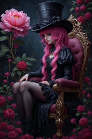 Gothic whimsical illustration, fairy with pink hair sitting on ornate chair beside tall pink peony, large black top hat, gothic maiden style with black stripes, air of evil intent, realistic and vibrant, inspired by James Sessions and Nicoletta Ceccoli, oil painting format, dark gothic pattern background, detailed composition, dynamic lighting, focused on fairy's mysterious pose, immersive environment blending fantasy and gothic elements.