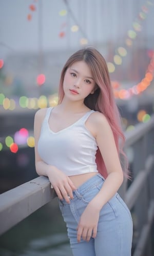 Captured at eye-level, a medium-sized Asian thai woman stands on a bridge,29 year old ,paleskin,her long highlight pink and brown hair cascades over her shoulders. She is wearing a white tank top, and a pair of blue denim jeans. The background of the image is blurred, suggesting a cityscape. The bridge is adorned with a variety of colorful lights, adding a pop of color to the scene.