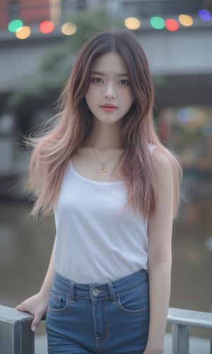 Captured at eye-level, a medium-sized Asian thai woman stands on a bridge,29 year old ,paleskin,her long highlight pink and brown hair cascades over her shoulders. She is wearing a white tank top, and a pair of blue denim jeans. The background of the image is blurred, suggesting a cityscape. The bridge is adorned with a variety of colorful lights, adding a pop of color to the scene.