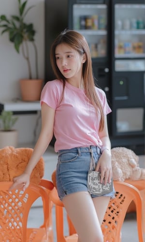 a young Asian woman with long brown hair, wearing a pink t-shirt and blue jean bottoms. She is standing in front of two orange plastic chairs, each with a stuffed animal on them. The chair on the right side of the frame is adorned with a black sign with white lettering. The woman's hair is cascading down her left shoulder, adding a touch of texture to her face. Behind her, a black vending machine is seen. To the left of the vending machine, a potted plant is seen.