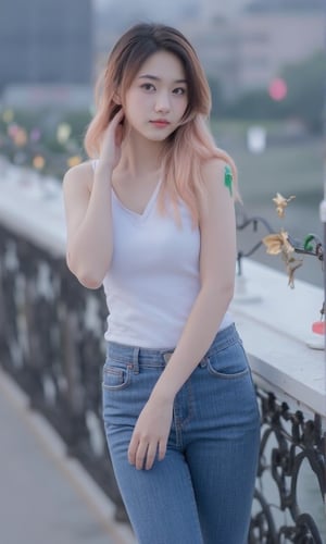 Captured at eye-level, a medium-sized Asian thai woman stands on a bridge,29 year old ,paleskin,her long highlight pink and brown hair cascades over her shoulders. She is wearing a white tank top, and a pair of blue denim jeans. The background of the image is blurred, suggesting a cityscape. The bridge is adorned with a variety of colorful lights, adding a pop of color to the scene.