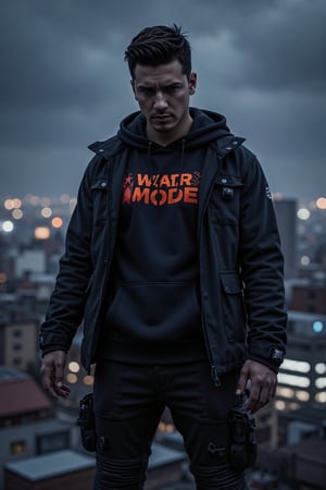 Digital artwork, concept art, cyberpunk boy with "WAR MODE" text on his chest, standing on rooftop with dark dystopian city in background, dynamic pose, fierce, comic book style, extremely intricate, extremely detailed, ominous lighting, dramatic lighting, dark and stormy night, shot with Hasselblad, long exposure