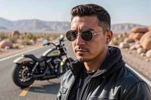 A detailed photorealistic portrait of _Daryg_, a young man wearing dark metal framed Dita Lancier sunglasses, wearing a black leather jacket, standing in front of a matte black and cream Milwaukee Eight Fat Boy customized by Rick's Motorcycles, the motorcycle is parked in the middle of the road in the Las Vegas desert, David Beckham style haircut, thick mane, lots of hair on head, detailed facial features, full body shot, 64k, ultra detailed, realistic, cinematic compositing, cinematic lighting, dramatic shadows, vivid colors, photorealistic, 64k, best quality, masterpiece.