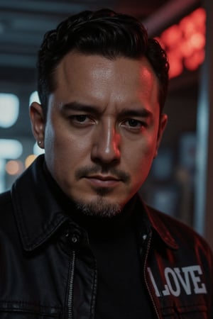 Close-up portrait of the face of _Daryg_ a man. He appears to be in his twenties or thirties, with dark hair and a beard. He has a serious expression on his face, with his eyes open and his eyebrows furrowed. He is wearing a black leather jacket with the word "LOVE" written in white letters. The background is blurred, but appears to be a dark, brooding environment with red and white lights. The overall mood of the image is intense and intense.Close-up portrait of the face of _Daryg_ a man. He appears to be in his twenties or thirties, with dark hair and a beard. He has a serious expression on his face, with his eyes open and his eyebrows furrowed. He is wearing a black leather jacket with the word "LOVE" written in white letters. The background is blurred, but appears to be a dark, brooding environment with red and white lights. The overall mood of the image is intense and intense.