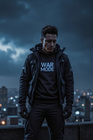 Digital artwork, concept art, cyberpunk boy with "WAR MODE" text on his chest, standing on rooftop with dark dystopian city in background, dynamic pose, fierce, comic book style, extremely intricate, extremely detailed, ominous lighting, dramatic lighting, dark and stormy night, shot with Hasselblad, long exposure