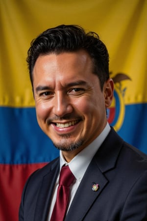 Make a poster for a political party with the photo of _Daryg_ with the Ecuadorian flag in the background