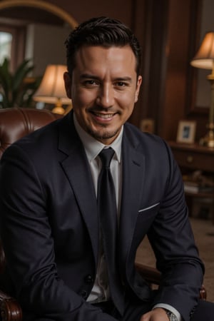 "_Daryg_A man in a photography studio. "_Daryg_A handsome man with dark brown hair and dark honey eyes. The man is relaxed and smiling, . His dark honey eyes shine with satisfaction.
"He is sitting in a sophisticated wooden chair. He is wearing a smart, tailored suit. The room is decorated with soft, warm lighting and . He is posing confidently, with a friendly, lively expression ".