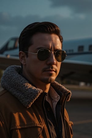 Cinematic portrait by Jairo G a man in a vintage aviator suit,
wearing sunglasses, aviator model (Ray Ban RB3025) photographed with a retro airplane background
and a dark sky.
Shot with Fujifilm GFX 100S, 63mm f/2.8 lens, golden hour lighting for a nostalgic
ambiance. Capturing the spirit of adventure, 64K Ultra High Definition quality