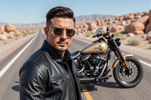 A detailed photorealistic portrait of _Daryg_, a young man wearing dark metal framed Dita Lancier sunglasses, wearing a black leather jacket, standing in front of a matte black and cream Milwaukee Eight Fat Boy customized by Rick's Motorcycles, the motorcycle is parked in the middle of the road in the Las Vegas desert, David Beckham style haircut, thick mane, lots of hair on head, detailed facial features, full body shot, 64k, ultra detailed, realistic, cinematic compositing, cinematic lighting, dramatic shadows, vivid colors, photorealistic, 64k, best quality, masterpiece.