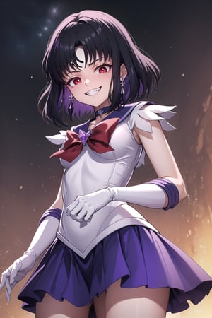 ((unity 8k wallpaper,best quality, high resolution,masterpiece:1.2)),sailor saturn,beautiful detailed eyes:1.4, (red eyes:1.1),empty eyes:1.4, short hair, purple hair,brooch, choker, ((forehead mark, crescent facial mark, black crystal earrings)), gloves, jewelry, magical girl, miniskirt, purple sailor collar,  sailor senshi uniform, purple skirt, star choker,purple bow, ((white gloves)),edgGesugao,edgGesugao facial expression,((sadistic smile,evil smile,grin)),((cowboy shot,from below,looking-at-viewer)),(Punishment Gesture),extremely detailed face, perfect lighting, extremely detailed CG, (perfect hands, perfect anatomy),outer space,(masterpiece),scenery