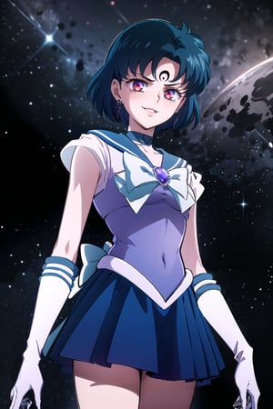 (masterpiece,  best quality),(highly detailed),(official art),ultra detailed,1girl,1girl,sailor mercury, blue hair, short hair, red eyes,empty eyes:1.2,((forehead mark, crescent facial mark, black crystal earrings)), bow, choker, sailor collar, skirt,  elbow gloves, knee boots, magical girl, pleated skirt, sailor collar, sailor senshi uniform,(white gloves),cowboy shot,edgGesugao,edgGesugao facial expression,(evil smile),sadistic smile, outer space,from below,looking_at_viewer,upper body,A dark and mysterious female character inspired by the style of classic anime. She has an evil face with an evil smile, giving her an imposing and intimidating presence. The overall atmosphere is dark and mysterious, with a sense of power and control emanating from her posture.,