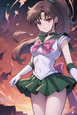 (best quality), (highly detailed), masterpiece, (official art),hmjupiter,red eyes,empty eyes, ponytail,crescent facial mark,jewelry, sailor senshi uniform, green sailor collar, choker, elbow gloves, white gloves, pink bow, brooch, white leotard, green skirt,cowboy shot, pleated skirt,edgGesugao,edgGesugao facial expression,evil smile,sadistic smile,looking dawn,dark aura,View your viewers,belt,dark aura