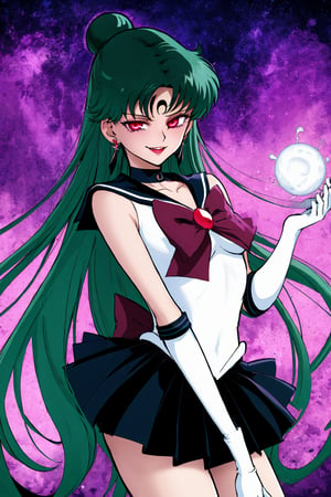 sailor pluto,meiou setsuna,edgGesugao,edgGesugao facial expression,sadistic smile,evil smile, A dark and mysterious female character inspired by the style of classic anime. The overall atmosphere is dark and mysterious, with a sense of power and control emanating from her posture.,
star (symbol), stardust, sparkle, pluto, planets,holding garnet rod,sailor senshi uniform, jewelry, gloves, earrings, white gloves, bow, sailor collar, elbow gloves, circlet, red bow, black skirt, black choker, pleated skirt, miniskirt, brooch, back bow,