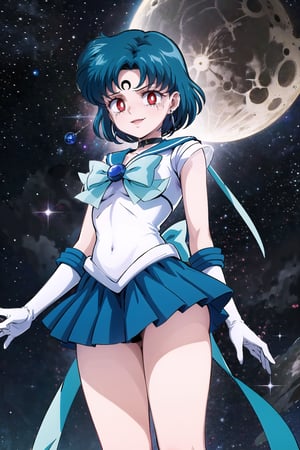 (masterpiece,  best quality),(official art),ultra detailed,1girl,1girl,sailor mercury, blue hair, short hair, red eyes,empty eyes:1.2,((forehead mark, crescent facial mark, black crystal earrings)), bow, choker, sailor collar, skirt,  elbow gloves, knee boots, magical girl, pleated skirt, sailor collar, sailor senshi uniform,(white gloves),cowboy shot,edgGesugao,edgGesugao facial expression,evil smile:1.3,sadistic smile, outer space,from below,looking_at_viewer,The overall atmosphere is dark and mysterious, with a sense of power and control emanating from her posture.