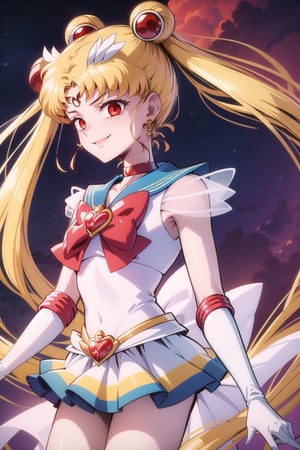 (best quality), (highly detailed), masterpiece, (official art),supersailormoon,red eyes,empty eyes:1.2, double bun, twintails, circlet, jewelry, earrings, choker, red bow, white gloves, elbow gloves, miniskirt,cowboy shot,crescent facial mark,edgGesugao,edgGesugao facial expression,evil smile:1.3,sadistic smile,looking dawn,side_view,dark_skin_female,looking_at_viewer,evil_aura