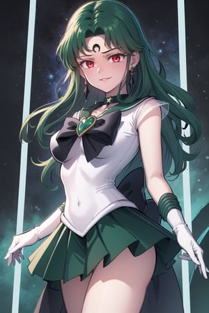 (best quality), (highly detailed), masterpiece, (official art),sailor neptune,red eyes,empty eyes:1.2, forehead jewel, green hair, medium hair, tiara,brooch, choker,((forehead mark, crescent facial mark, black crystal earrings)), gloves,(white gloves:1.1), heart, heart brooch, jewelry, magical girl, sailor senshi uniform, skirt, star choker,  bow, green bow, green sailor collar, green skirt,cowboy shot,edgGesugao,edgGesugao facial expression,evil smile:1.3,sadistic smile,looking dawn,side_view,looking_at_viewer,from below,outer space