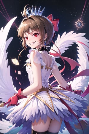 ((masterpiece, best quality)),highres, kinomoto sakura, 1girl, brown hair, short hair, antenna hair, ahoge, crown, red eyes,empty eyes:1.4, white dress, sleeveless, white gloves,((forehead mark, crescent facial mark, black crystal earrings)),holding staff,((edgGesugao,edgGesugao facial expression,sadistic smile,evil smile,grin)), cowboy shot, outer space, puffy short sleeves, red headwear, frills, red bow, white thighhighs,((look back,cowboy shot,from below))