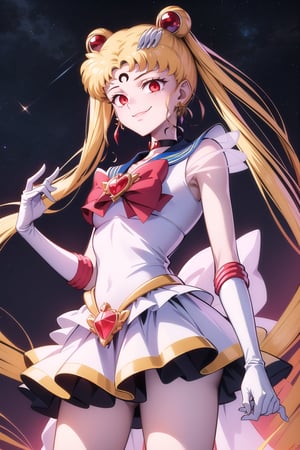 (best quality), (highly detailed), masterpiece, (official art),supersailormoon,red eyes,empty eyes:1.2, double bun, twintails, circlet, jewelry, earrings, choker, red bow, white gloves, elbow gloves, miniskirt,cowboy shot,((forehead mark, crescent facial mark, black crystal earrings)),edgGesugao,edgGesugao facial expression,evil smile:1.3,sadistic smile,looking dawn,side_view,dark_skin_female,looking_at_viewer,from below,
The overall atmosphere is dark and mysterious, with a sense of power and control emanating from her posture.